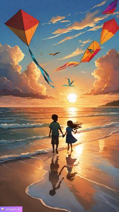 two children are flying kites on the beach at sunset, while the sun sets