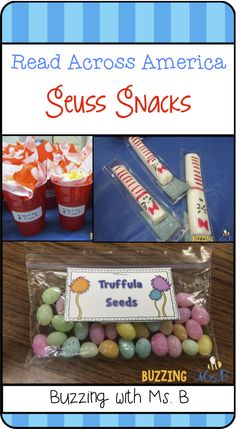 some food items are in plastic bags and on the table is a sign that says, read across america seuss snacks