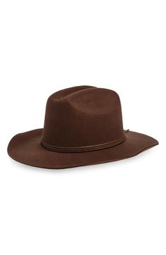 Explore the great outdoors in this wide-brimmed hat made from durable Australian wool and topped with a braided-leather band at the crown. 100% wool Spot clean Imported Country Style Wool Fedora For Outdoor, Western Fedora With Braided Flat Brim, Western Braided Fedora Hats, Braided Western Fedora Hats, Brown Wool Fedora For Outdoor, Western Wool Felt Hat For Outdoor, Country Style Wool Felt Hat For Outdoor, Brown Western Wool Hat, Brown Wool Fedora Hat