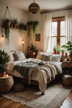 a bedroom with plants hanging from the ceiling and a bed in front of a window