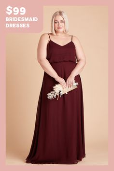 a woman in a long dress with flowers on the side and text that reads $ 99 bridesmaid dresses