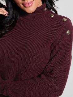 Wool-blend chunky sweater Mock neckline with button details Long dropped sleeves Pull-on design Yarn 60% Nylon, 30% Wool, 10% Acrylic Mock Neckline, Chunky Sweater, Wool Blend Sweater, Red Sweaters, Sweater Top, Wool Blend, Knitted Sweaters, Yarn, Top Outfits