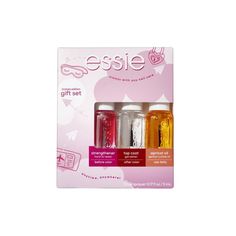 essie Always With You Nail Care Kit - a nail polish kit that includes a high shine top coat, a strengthener and a cuticle oil. the perfect compliment to any essie nail polish color. Hard To Resist Nail Strengthener - instant nail strength and resistance. wear on bare nails for 3 days before removal for optimal results. Gel Setter Top Coat- high shine clear nail polish top coat that provides a plumped gel-like finish and protects against chips. Apricot Cuticle Oil- quick absorbing apricot nail an Best Cuticle Oil, Nail Polish Top Coat, Essie Nail Polish Colors, Nail Care Kit, Almond Nail Art, Instant Nails, Nail Polish Kit, Nail Oil, Nail Polish Kits