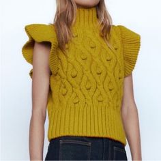 Zara Sweater Vest. Excellent Condition - Never Worn. Color - Ochre. Casual Yellow Cable Knit Sweater, Yellow Cable Knit Top For Fall, Fall Yellow Cable Knit Top, Winter Yellow Cable Knit Sweater, Casual Yellow Textured Knit Sweater, Casual Knitted Mustard Sweater, Casual Mustard Knitted Sweater, Cozy Yellow Knit Sweater, Casual Winter Sweater With Ruffles