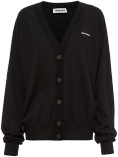 black cashmere-silk blend fine knit logo patch at the chest V-neck front button fastening long raglan sleeves straight hem Miu Miu Classic Long Sleeve Tops, Classic Long Sleeve Miu Miu Tops, Miu Miu Casual Tops For Workwear, Designer Black Workwear Sweater, Elegant Miu Miu Long Sleeve Outerwear, Elegant Long Sleeve Miu Miu Outerwear, Luxury Black Sweater With Button Closure, Luxury Black V-neck Sweater, Designer V-neck Cardigan For Work