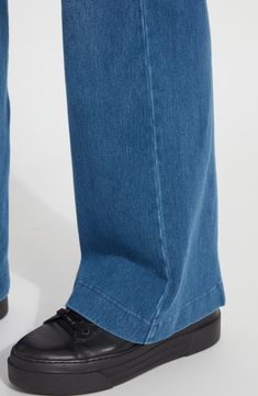 Slimming lines and a comfortable high waist create a streamlined look in wide-leg trousers cut from stretch-cotton denim. 33" inseam; 10" leg opening; 10 1/2" front rise; 13 1/2" back rise Side zip closure Back welt pockets 95% cotton, 5% spandex Machine wash, line dry Imported Hosiery Versatile Wide Leg Denim Jeans, Versatile Medium Wash Full Length Pants, Classic Full Length Flare Jeans For Spring, Versatile Medium Wash Wide Leg Flare Jeans, Versatile Medium Wash Wide-leg Flare Jeans, Versatile Wide Leg Jeans With Five Pockets, Versatile Dark Wash Cotton Flare Jeans, High Rise Wide Leg Pants For Summer, High Rise Wide Leg Pants For Summer Everyday Wear