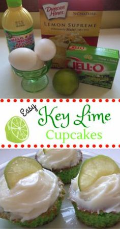 key lime cupcakes with lemon cucumber frosting on them and ingredients