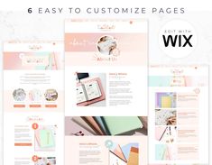 six different pages with the text 6 easy to customize pages wix on them