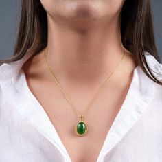 "💎 Handcrafted Jade Gemstone Necklace for Positive Energy and Wellness 💎 Embrace the beauty of Jade, a gemstone steeped in ancient history and revered for its remarkable spiritual properties. Known as the \"Stone of Serenity,\" Jade is believed to attract good luck, promote emotional healing, and inspire feelings of peace and harmony. 💎All stones are unique and may differ slightly from those shown in the pictures. No Necklace is the same, so the bracelet you order will be unique. ◖PRODUCT FEA Jade Amulet Pendant Jewelry, Jade Pendant Amulet Jewelry, Spiritual Jade Pendant Jewelry, Jade Gemstone Necklace As Gift, Jade Gemstone Necklace Gift, Jade Gemstone Necklace Ideal For Gifts, Jade Oval Pendant Necklace With Natural Stones, Green Oval Pendant Amulet Necklace, Jade Necklace With Oval Pendant And Natural Stones