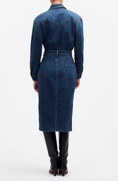 Designed with a touch of comfy stretch, this denim shirtdress features western-inspired details like a shoulder yoke and five-pocket skirt. It pairs well with everything from casual to more styled-up footwear. 43" length (size 8) Front button closure Spread collar Five-pocket style; chest patch pockets Long sleeves 85% cotton, 14% lyocell, 1% elastane Machine wash, tumble dry Imported Chic Button-up Denim Dress For Work, Elegant Collared Denim Dress For Work, Denim Knee-length Shirt Dress For Work, Knee-length Belted Denim Dress For Work, Belted Midi Denim Dress For Work, Fitted Long Sleeve Denim Dress For Work, Fall Denim Shirt Dress With Pockets, Denim Blue Workwear Dress For Fall, Fitted Denim Shirt Dress For Fall