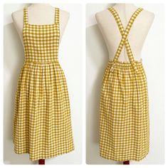 New A Monday In Copenhagen Gingham Plaid Apron Dress Gingham Plaid Dress In Cream And Golden Yellow Apron Style Front Crisscrossing Back Straps Adjustable Button Straps Elastic Waist 100% Organic Cotton New Without Tags Size 10 Yrs Or Women’s Small As Fits My Size Small Mannequin Perfectly Measurements Taken Laying Flat Across Waist: 12”-17” Skirt: 26.5” Full Length: 43” Boho Bohemian Cottagecore Prairie Lagenlook Preppy Natural Mustard Gingham Patchwork Dress, Chic Gingham A-line Dress, Bohemian Cottagecore, Vintage Cotton Gingham Plaid Dress, Casual Gingham Plaid A-line Dress, Small Mannequin, Spring Gingham A-line Plaid Dress, Plaid Apron, Yellow Apron