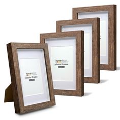 three wooden frames are shown with the same logo on each frame and one has a white background