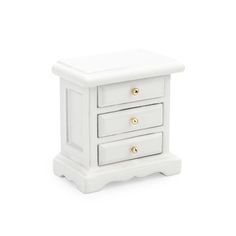 a white nightstand with two drawers and gold knobs on the bottom, against a white background