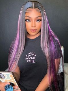 SalonReady Wig offers the best quality but cheap Black & Purple & Pink Highlights Highlight Color human hair wigs, 8-32 inch, 250% 200% 180% density are available¡ê? pre-plucked natural hairline, produced by raw hair material, transparent lace, free shipping, huge discount with many pretty free gifts, single small knots, Lace Front Black, Straight Human Hair Wigs, Purple Highlights, Lavender Hair, Pink Highlights, Raw Hair, Looks Black, Front Lace Wigs Human Hair, Straight Human Hair