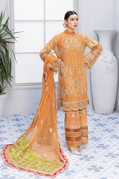 Elegant Embroidered Organza Sharara, Orange Organza Sets With Resham Embroidery, Party Wear Lawn Suit With Dupatta In Organza, Festive Party Wear Lawn Suit In Organza, Party Wear Lawn Suit With Dupatta For Wedding, Intricate Embroidered Lawn Suit For Weddings, Party Wear Semi-stitched Organza Lawn Suit, Party Wear Lawn Suit With Sheer Dupatta, Party Wear Chinon Lawn Suit For Wedding