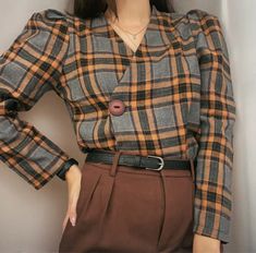 VINTAGE PLAID BUTTON BLOUSE Fall V-neck Blouse With Buttons, V-neck Top For Office In Winter, V-neck Buttoned Blouse For Fall, Fall Office V-neck Blouse, Fall Business Casual Tops With Buttons, Brown V-neck Blouse For Office, Brown V-neck Blouse With Button Closure, Fall Workwear Blouse With Buttons, Fall V-neck Blouse For Business Casual