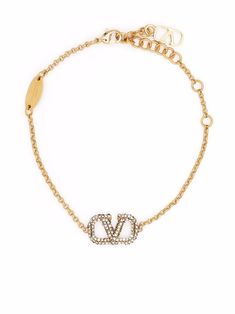 gold-tone brass VLogo Signature Swarovski crystal embellishment cable-link chain lobster claw fastening adjustable-length chain charm detail Signature Bracelet, Leather Cord Bracelets, Gold Long Necklace, Silver Chain Bracelet, Crystal Chain, Black Jewelry, Latest Jewellery, Women Accessories Jewelry, Crystal Embellishment