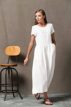 Plus size dress Linen Dress maxi linen white dress woman Linen White Dress, Simple Linen Dress, Long Wool Coat Women, Green Wool Coat, Simple Linen, White Linen Dress, Maxi Dress With Pockets, White Linen Dresses, Summer Linen Dresses