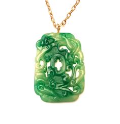 "GORGEOUS jade lucite pendant  Circa 1960s.  Asian Revival period.  Signature gold teardrop hang tag denotes this piece as being designed by Coro.  Pendant is made of thermoset plastic lucite that has been molded to resemble jade.  Intricate design work.  Original paper tag from \"Gimbels\" is attached to the chain. Pendant measures app. 3 7/8\" x 2\".  Chain adjusts down from app. 19\".  Excellent vintage condition. ❤ ❤ ❤ ❤ ❤ ❤ ❤ ❤ ❤ ❤ ❤ ❤ ❤ ❤ ❤ ❤ Connect with KITSCHTOPIA: INSTAGRAM ~ https://i Vintage Green Rectangular Necklace, Cheap Trendy Jewelry, Walmart Jewelry, Platinum Earrings, Gold Chain Jewelry, Chain Fashion, Jade Necklace, Necklace Green, Green Necklace