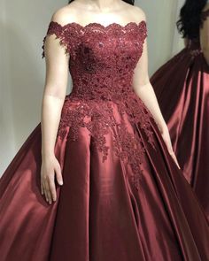 Elegant Lace Off The Shoulder Ball Gown Satin Dresses Burgundy Quinceanera, Burgundy Quinceanera Dresses, Burgundy Formal Dress, Quinceañera Dresses, Dress Quinceanera, Burgundy Prom, 15 Birthday, Satin Ball Gown, Tulle Balls