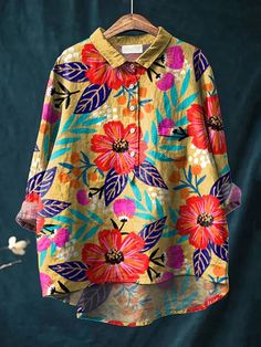 🌿COTTON AND LINEN Shirt Blouses Women's, Floral Art Print, Y2k Clothing, Floral Prints Art, Women Shirts Blouse, Sweaters Knitwear, Collar Shirt, Casual Fit, Shirt Collar