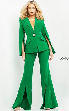 Jovani 06922 - Contemporary pantsuit open sleeves and leg hems. There is a crystal embellishment on the button. Crepe Jumpsuit, Portfolio Ideas, Unique Prom Dresses, Navy Fabric, Pant Suit, Wedding Outfits, Crepe Fabric, Women Clothes, Flare Pants