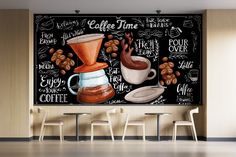 a coffee poster with the words coffee time on it and two cups filled with coffee beans