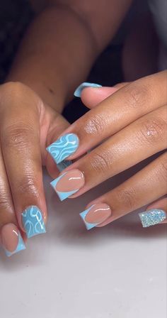 Square Teal Nail Designs, Short Arclyc Nail Ideas Square, Short Nail Blue Designs, Short Nail Designs With Flowers, White Talavera Nails, Dope Short Nail Designs Blue, Gel Nail Designs Colorful, Short Blue Acrylic Nails Designs, Spring Short Square Nails