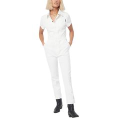 Whether we're working in the shop or roaming downtown, the Atwyld Pit Crew Jumpsuit fits the scene. This easy-wear wardrobe staple is soft and stretchy for daylong comfort that won't hold us back, while the relaxed design with a fitted waist keeps our look chic. Fitted Short Sleeve Overalls For Workwear, Fitted Utility Overalls For Workwear, Fitted Utility Overalls In Solid Color, Fitted Solid Color Utility Overalls, Solid Color Fitted Utility Overalls, Relaxed Fit Jumpsuits And Rompers For Work, White Overalls With Pockets For Workwear, White Jumpsuits And Rompers With Pockets For Work, White Short Sleeve Jumpsuits And Rompers For Work