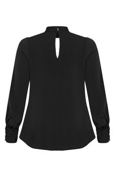 This desk-to-date-night top is designed with a high neckline and sleek front-and-back cutouts. 29" length (size Small) Back keyhole with button-and-loop closure Mock neck Long sleeves 100% polyester Machine wash, line dry Imported High Neck Blouse For Night Out, Solid Color High Neck Party Top, Elegant High Neck Tops For Night Out, Elegant High Neck Top For Night Out, Chic High Neck Tops For Night Out, Elegant Fitted Mock Neck Top For Night Out, Chic High Neck Mock Neck Top For Workwear, Elegant Stretch Mock Neck Top For Night Out, Elegant Tops With Back Button Closure