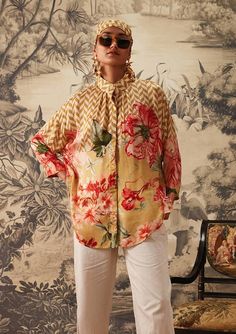 Kalista-Mustard Printed Shirt Tunic-INDIASPOPUP.COM Placement Print Fashion, Print Placement Fashion, Placement Prints Fashion, Ethnic Shirts Women, Floral Prints Fashion, Striped Shirts, Tunic Designs, Placement Print, Textile Prints Design