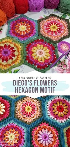 crocheted hexagon motif with text that reads, free crochet pattern diego's flowers hexagon motif