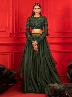 Mahima Mahajan-Khwab Green Embroidered Lehenga Set-INDIASPOPUP.COM Luxury Green Blouse With Sheer Dupatta, Luxury Green Top With Traditional Drape, Luxury Green Lehenga With Self Design, Luxury Green Chanderi Choli, Luxury Green Tops With Zari Work, Luxury Green Choli With Mirror Work, Luxury Unstitched Green Lehenga, Luxury Green Georgette Blouse Piece, Luxury Green Georgette Blouse