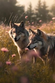 two wolfs standing in the middle of a field with wildflowers on it