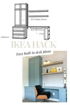 the diagram shows how to use ikea hacks for easy built in desk plans