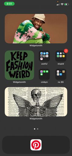 an iphone screen with the words keep fashion weird on it and a photo of a skeleton