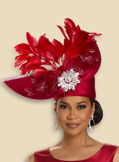 Donna Vinci H12122 red feather hat Ladies Dress Hats, Head Pieces, Elegant Hats, Lady Dress, Sequin Jacket, Church Hats, Modern Dress, Dress Hats, Brilliant Colors