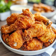 fried food on a white plate sitting on top of a blue and white table cloth