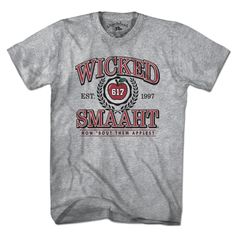 Wicked Smaaht Undergrad T-Shirt If you pahk ya cah in Hahvid Yahd then you must be Wicked Smaaht! Whether you're hanging at the bar for trivia night or just hitting the sights & scenes in the city, this tee is perfect for any Boston fan. Let the people know where you're from all while representing one of your favorite movies evah. Makes a great graduation gift or send your high school grad off to college in style. We ship wicked fast! How 'bout them apples? Available as a Classic T-Shirt, Long Sleeve or Ladies Fit 5.0 oz. Pre-shrunk fabric Classic fit Double stitched seams Navy is 100% Cotton Gray is 90/10 cotton/poly blend Heathered colors are 60/40 cotton/poly blend Printed in the U.S.A. Fitted School Spirit T-shirt With Letter Print, Collegiate T-shirt With Lettering For College, Fitted T-shirt With Letter Print For School Spirit, College Fan Apparel T-shirt With Slogan, Graphic Tee With Slogan For College, College Graphic Tee With Slogan, Fitted Pre-shrunk College T-shirt, Fitted Pre-shrunk T-shirt For College, Collegiate Style College T-shirt With Lettering