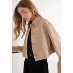 Khaki Cropped Jacket Polyester Cropped Button Up Chic Button-up Outerwear With Buttoned Pockets, Modern Cropped Jacket With Lapel Collar For Fall, Trendy Cropped Jacket With Lapel Collar And Button Closure, Collared Cropped Jacket With Double Button Closure For Work, Spring Collared Outerwear With Buttoned Pockets, Spring Outerwear With Button Closure And Lapel Collar, Casual Single-breasted Button-up Cropped Jacket, Fall Single Breasted Cropped Jacket With Lapel Collar, Fall Single-breasted Cropped Jacket With Lapel Collar