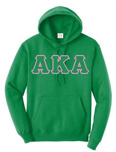 Alpha Kappa Alpha Sorority, Incorporated 3 Greek letter fleece hoodie. The twill letters are stitched onto the sweatshirt. This is a unisex cut sweatshirt. Green Letter Embroidery Sweatshirt For Streetwear, Green Sweatshirt With Letter Embroidery For Streetwear, College Fan Apparel Hoodie With Embroidered Logo, Varsity Hooded Sweatshirt With Letter Embroidery, Green Varsity Hoodie For College, Sporty Fleece Hoodie With Letter Embroidery, Green College Sweatshirt With Drawstring Hood, Hooded Fleece Sweatshirt With Letter Embroidery, Varsity Spring Hoodie With Letter Print