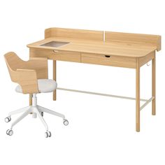 a wooden desk with two drawers and a white chair next to it on an isolated white background