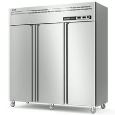 two stainless steel refrigerators sitting side by side on casteors with wheels and doors