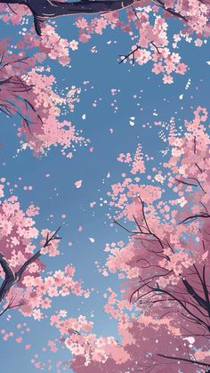 the sky is filled with lots of pink flowers and trees that are blooming all around