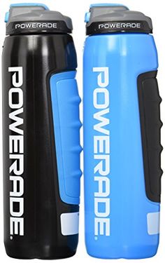 two black and blue water bottles with the words powerade printed on them, one is empty