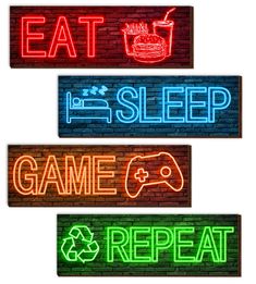 three neon signs with the words eat sleep game repeat and video game controllers on them