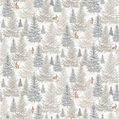 a wallpaper with trees and deers in the woods on white, gray and grey background