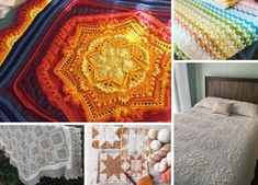 crocheted bedspreads and afghans are shown in four different colors, including orange, yellow, blue, green