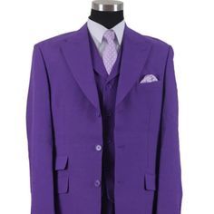 This 3 Button Suit Comes With A Wide Peak Lapel, A Lapeled Vest, Andpleated Semi Wide Pants. I Pants Come 6 Inches Smaller Than Jacket Size And Can Adjust 2 Inches Out Or 4 Inches In. Purple Three-piece Business Suit With Notch Lapel, Classic Tailored Purple Suits, Classic Purple Notch Lapel Suit, Tailored Single-breasted Purple Suits, Purple Tailored Single-breasted Suit, Single-breasted Purple Suit For Business, Purple Single Breasted Suits For Business, Purple Single-breasted Suits For Business, 3 Button Suit