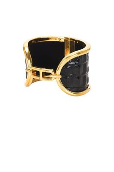 Croc-embossed calfskin with gold-tone metal.  Made in Italy.  Hinge closure.  .  .  .  .  Measures approx 2.25" W x 1.5" H.  .  .  .  .  .  .  .  . Brass Cuff Bracelet, Brass Cuff, Leather Accessories, Gold Tone Metal, 21st Century, Santa Fe, Emboss, Tom Ford, Womens Jewelry Bracelets